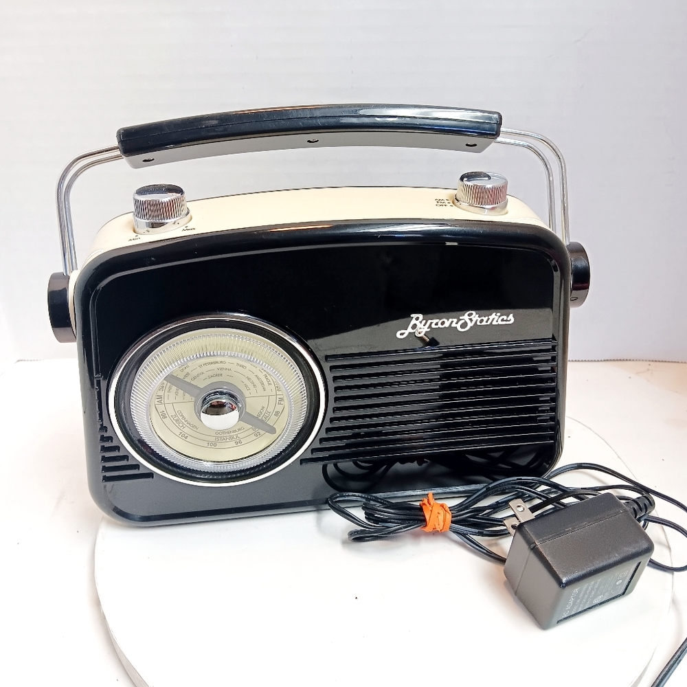 Byron Statics brand, black and tan, vintage retro look am/fm radio. New w/o tags